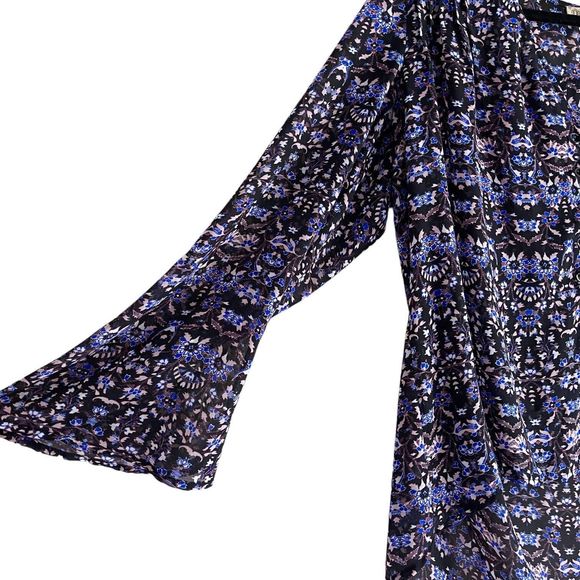 Democracy Sheer Top Womens XL Bohemian Lace Up V Neck Long Bell Sleeves Pintuck - Picture 4 of 11